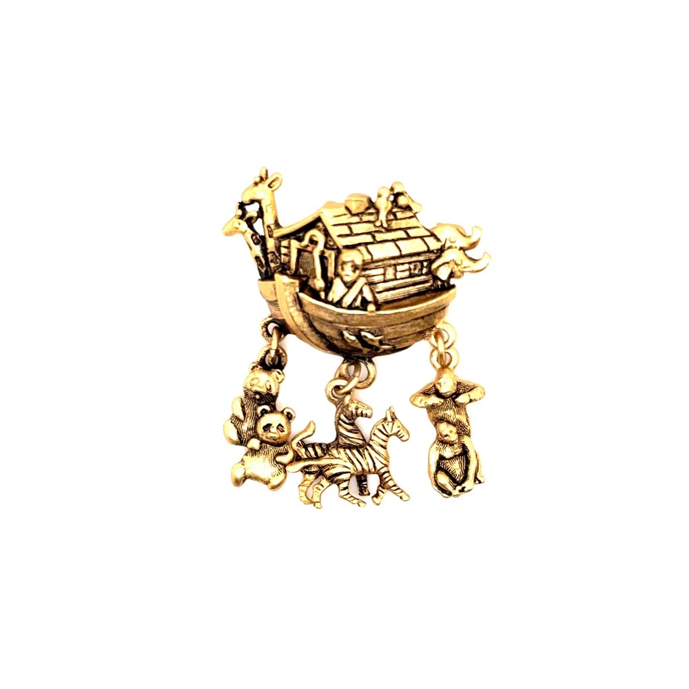 Avon Vintage Noahs Ark Brooch Gold Tone Dangle Animal Charms Pin